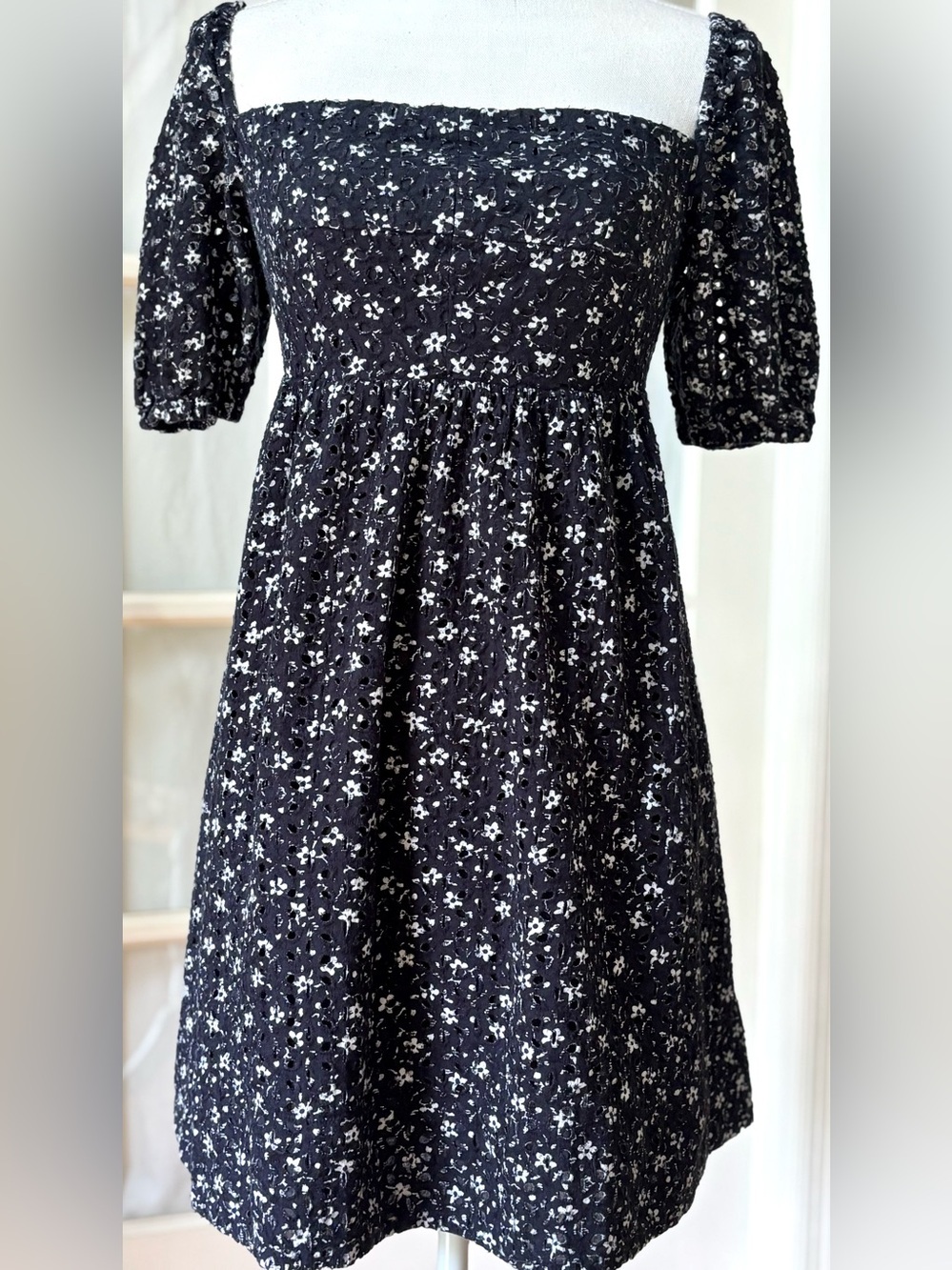 Anthro Maeve Black Floral Eyelet Babydoll Dress Puff Sleeve Cottagecore M